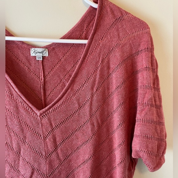Kismet Pointelle Pink Short Sleeve V-Neck Sweater, Size L - Picture 3 of 3